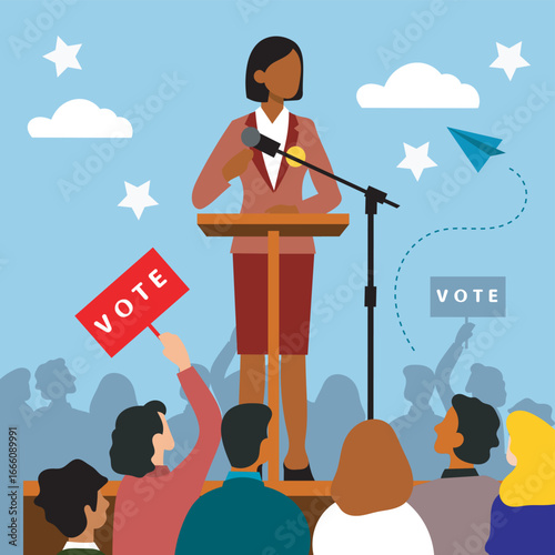 Woman Speaking at Political Rally with Crowd and VOTE Signs Illustration