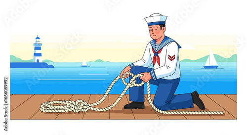 Smiling cartoon sailor in a traditional naval uniform kneeling while tying a nautical knot.
