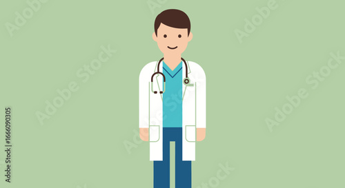 Smiling male doctor character in a white lab coat and blue scrubs with a stethoscope around his neck.