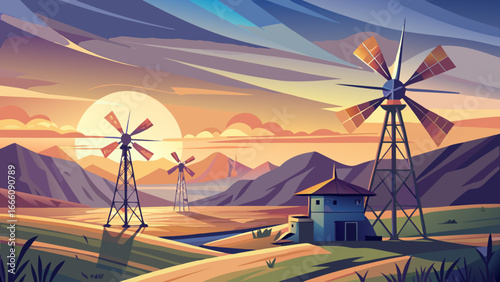 Windmills stand tall at sunrise near Pincher Creek, Alberta, Canada, spinning blades whisper harmony, power generation merges with dawn’s light, renewable energy glowing softly, landscape breathes tim