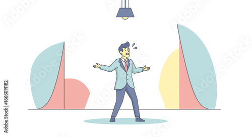 Sweating cartoon businessman in a blue suit shrugging with a confused expression.