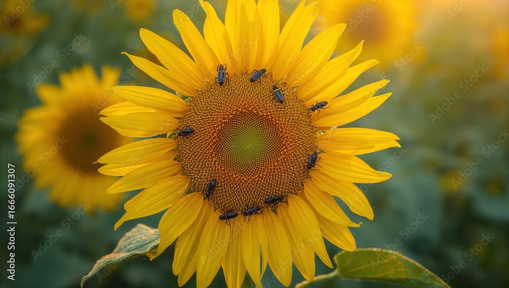 Obraz premium Close-up of a vibrant sunflower, showcasing its radiant yellow petals and intricate center, with small dark insects clustered around the disc florets.