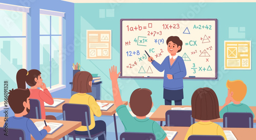 Teacher explaining complex math equations to attentive students in a classroom