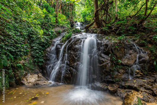 The natural backdrop of a waterfall in a deep forest or a reservoir by a stream, the beauty of the ecosystem, the green forest, the cool air during an adventurous trip.