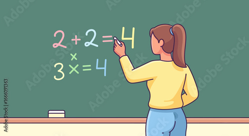 Teacher Writing Math Equations on a Green Chalkboard with Colorful Numbers
