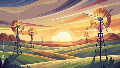 Windmills stand tall at sunrise near Pincher Creek, Alberta, Canada, spinning blades whisper harmony, power generation merges with dawn’s light, renewable energy glowing softly, landscape breathes tim