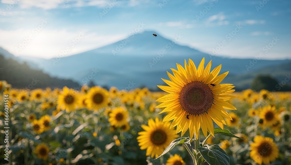 Fototapeta premium A vibrant sunflower field bursts with golden blooms, a focal sunflower stands out against a backdrop of mountains under a clear sky.