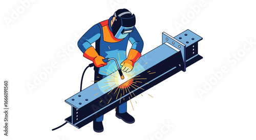 Vector illustration of a welder in protective gear joining a steel I-beam with bright sparks.