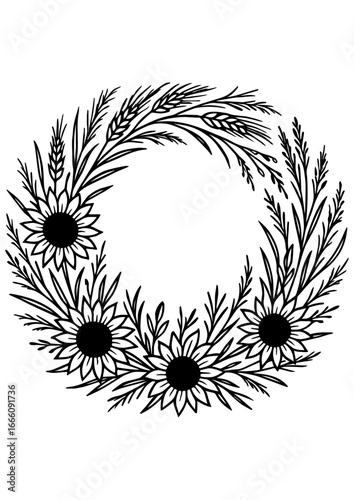 Black and white vector of an autumn wreath with wheat and sunflowers on a white background. Ideal for engraving, prints, tattoos, and creative fall projects