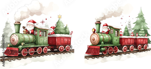 Watercolor Christmas Train with Santa Claus and Little Santas Illustration