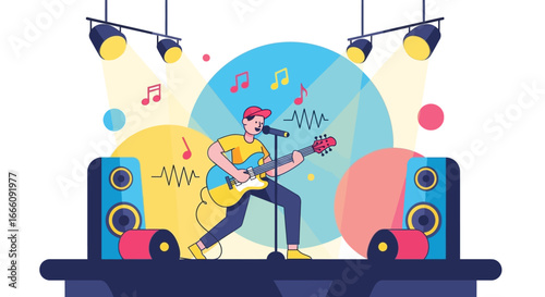 Vibrant flat illustration of a male musician singing and playing an electric guitar on stage under bright spotlights.