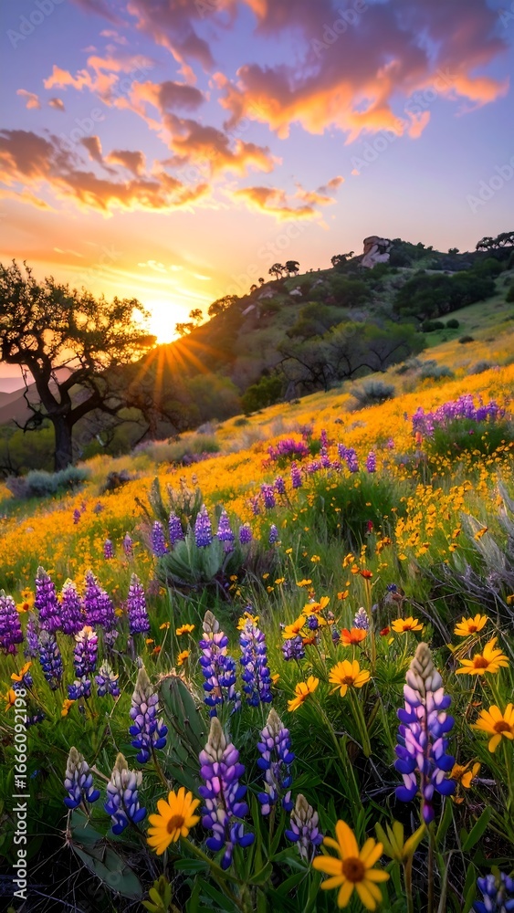 Fototapeta premium A vibrant field of wildflowers bursts with color beneath a breathtaking sunset, showcasing a hillside landscape filled with lush vegetation.