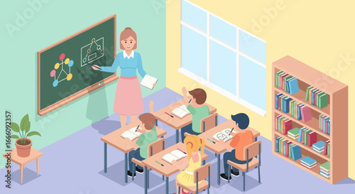 Vibrant isometric classroom illustration with female teacher at blackboard, students studying at desks, and bookshelf.
