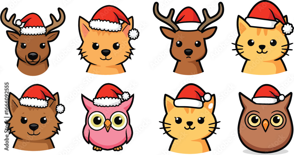Obraz premium Cute Christmas Animals Wearing Santa Hats Reindeer Cats and Owls