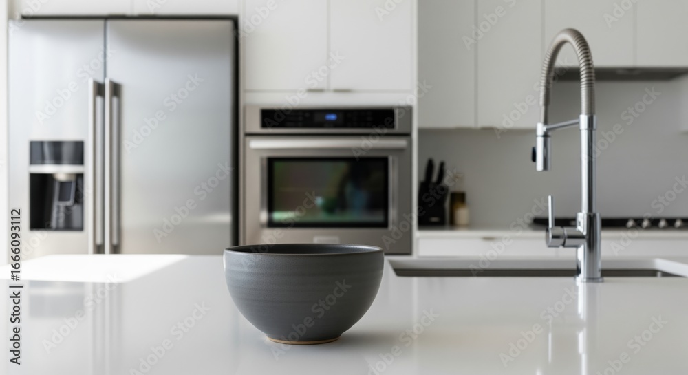 Fototapeta premium Dark gray ceramic bowl on white kitchen island countertop in modern home interior