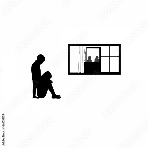 Child hugging knees inside room father outside window mother inside silhouette on white background isolated on white background