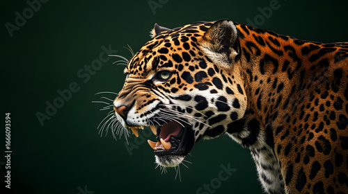 Side view of an angry jaguar on a deep dark green background. wild animal background illustration.
