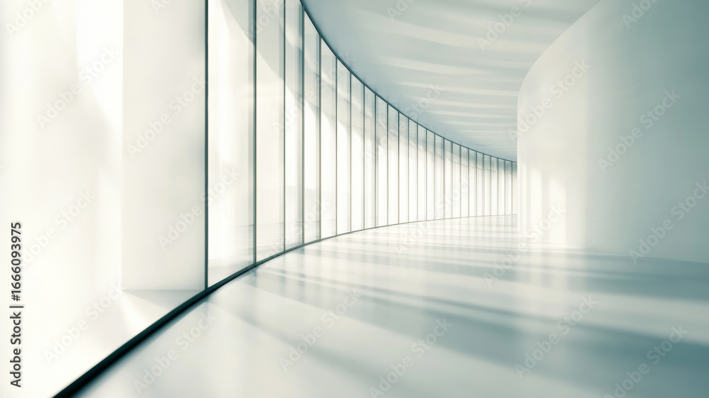 Obraz premium Modern workspace featuring curved glass wall, diffused lighting, and sleek open plan design highlighting contemporary architectural elements