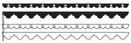 Scalloped border patterns in black and white. Repeat vintage frill ornament. Texture ribbons. invitations, scrapbooking, and digital graphic projects. EPS 10