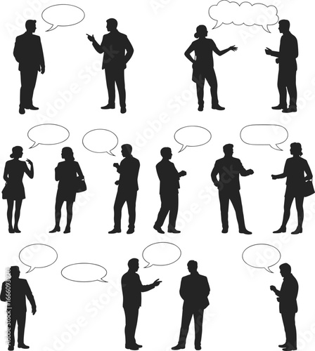 Business people silhouettes communication, talking with speech bubbles, teamwork discussion, meeting conversation, corporate dialogue, brainstorming ideas, professional interaction, social