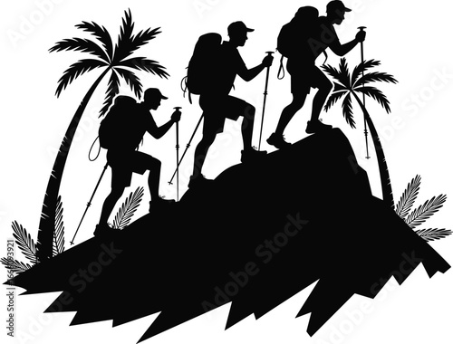 Adventure hiking silhouette of three people climbing mountain with backpacks, trekking sticks, tropical trees, outdoor travel, nature exploration, teamwork journey