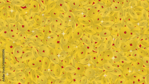 Golden Chinese coins piled in a glittering heap on a red background. Festive vector for banner and advertising poster design for Chinese new year