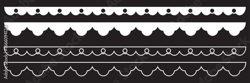 Scalloped border patterns in black and white. Repeat vintage frill ornament. Texture ribbons. invitations, scrapbooking, and digital graphic projects. EPS 10