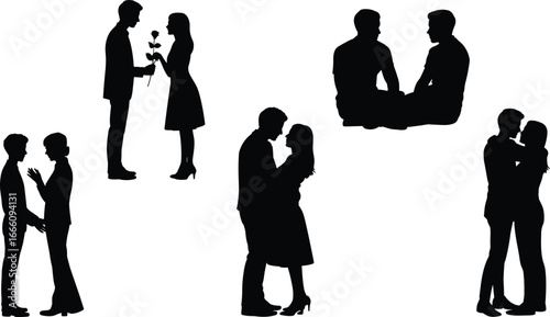 Romantic couple silhouette collection, love illustration design, kissing couples, hugging partners, dating romance art, romantic relationship vector, valentine couple affectionate design