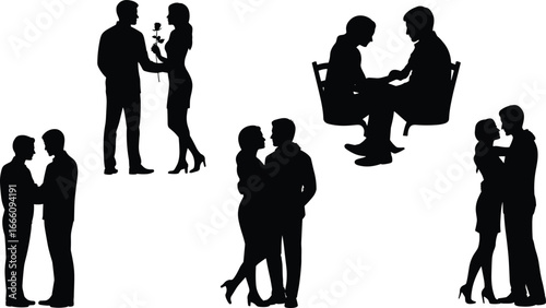 Romantic couple silhouette collection, love illustration vector, dating romance art, kissing lovers design, hugging partners, affectionate relationship, valentine concept, romantic moment