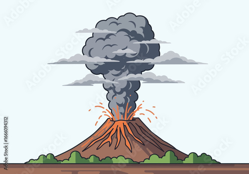 Volcano erupting with smoke, ash, and lava spewing upwards.