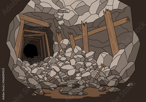 Collapsed mine tunnel with wooden supports and rock debris.