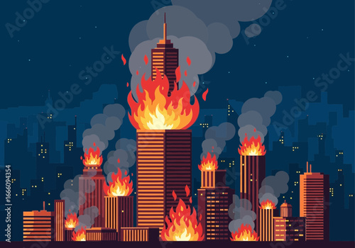 City skyline with tall buildings engulfed in flames and smoke.