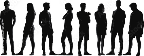 Silhouette of diverse group of people standing together, men and women in different poses, teamwork, unity, lifestyle concept, simple illustration