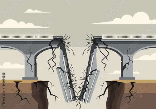 A broken bridge with cracked supports and a gaping chasm in the middle.