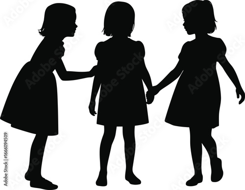 Silhouette of three little girls standing together, holding hands, childhood friendship, teamwork, bonding, happy kids, family, playtime, unity, support