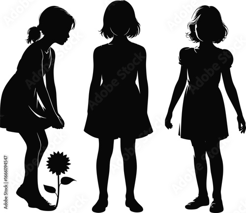 Silhouette of three young girls standing together, children in dresses, childhood innocence, friendship, playful pose, growing up, happy childhood, simple illustration