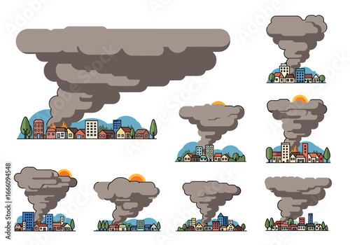 Tornadoes damaging buildings and causing smoke and debris.