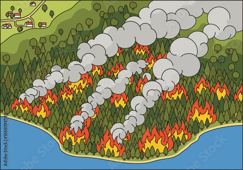 Forest fire burning trees and producing smoke near a body of water.