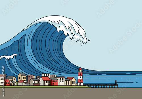 Giant ocean wave crashing over a coastal town with a lighthouse.