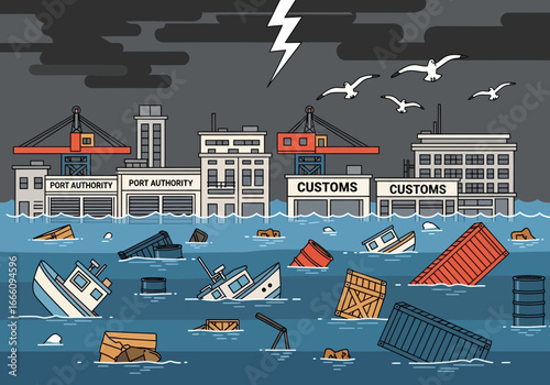 Flooded port with sinking ships and stormy skies with lightning.