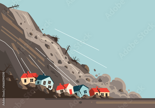 Houses threatened by a massive landslide cascading down a steep mountain.