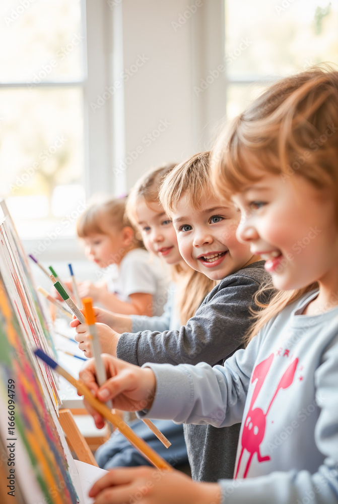 Obraz premium Happy young children are actively engaged in painting at their easels during an art class, fostering creativity and development in a cheerful and educational setting.