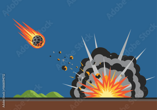 Meteor striking ground, causing a large explosion and debris.