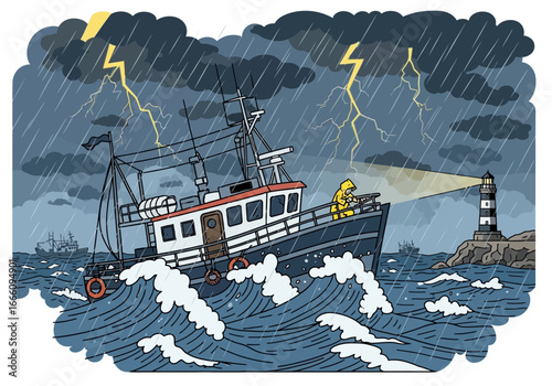 Fishing boat navigates stormy seas near a lighthouse with lightning.