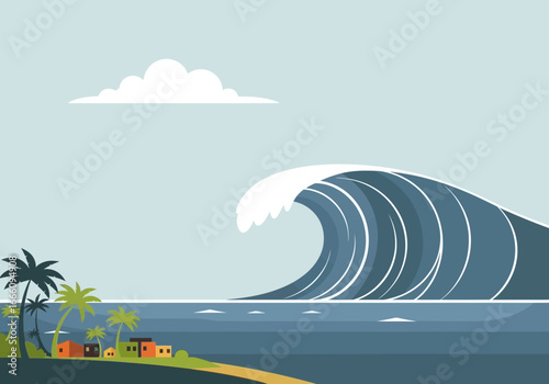 Large ocean wave crashing near a tropical island with palm trees.