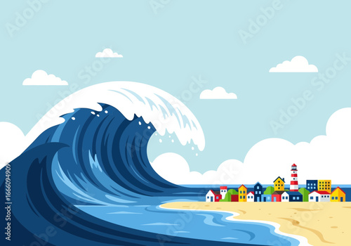 Giant wave crashes towards a coastal town with a lighthouse.