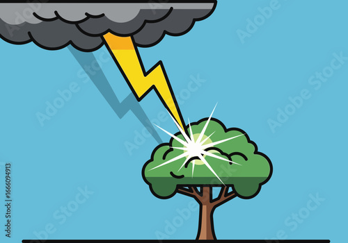 Lightning strikes a tree during a thunderstorm with dark clouds.