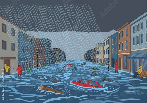 City street flooded with heavy rain and submerged vehicles.