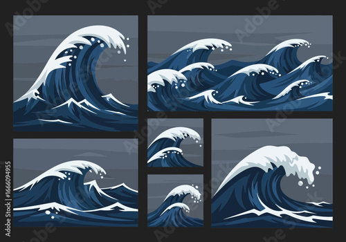 Multiple stylized ocean waves with white foam and blue water.