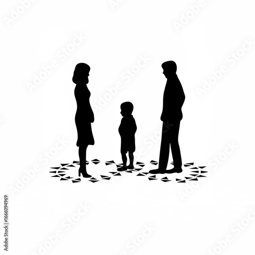 Child silhouette longing for separated parents facing away isolated on white background silhouette